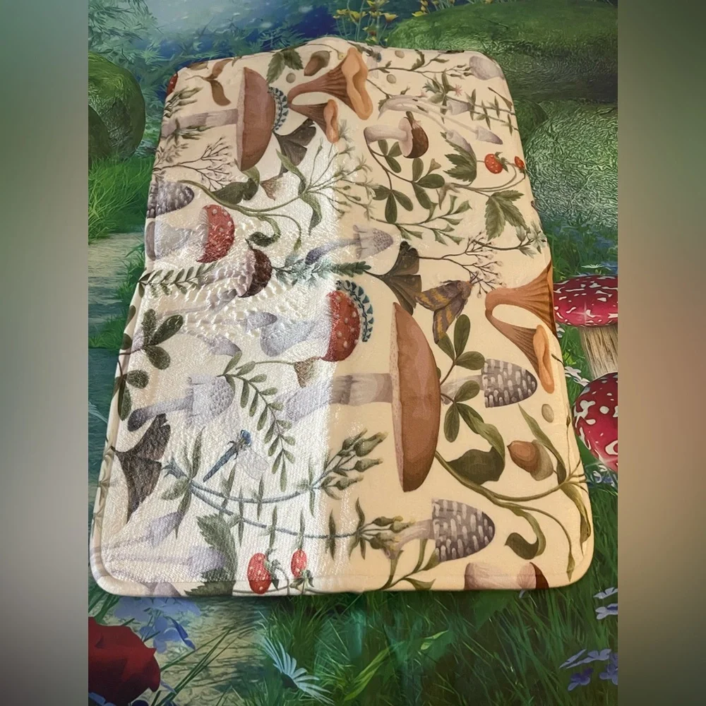 Botanical Mushroom Bath Mat - Neutral Forest Print, Memory Foam, NWOT
